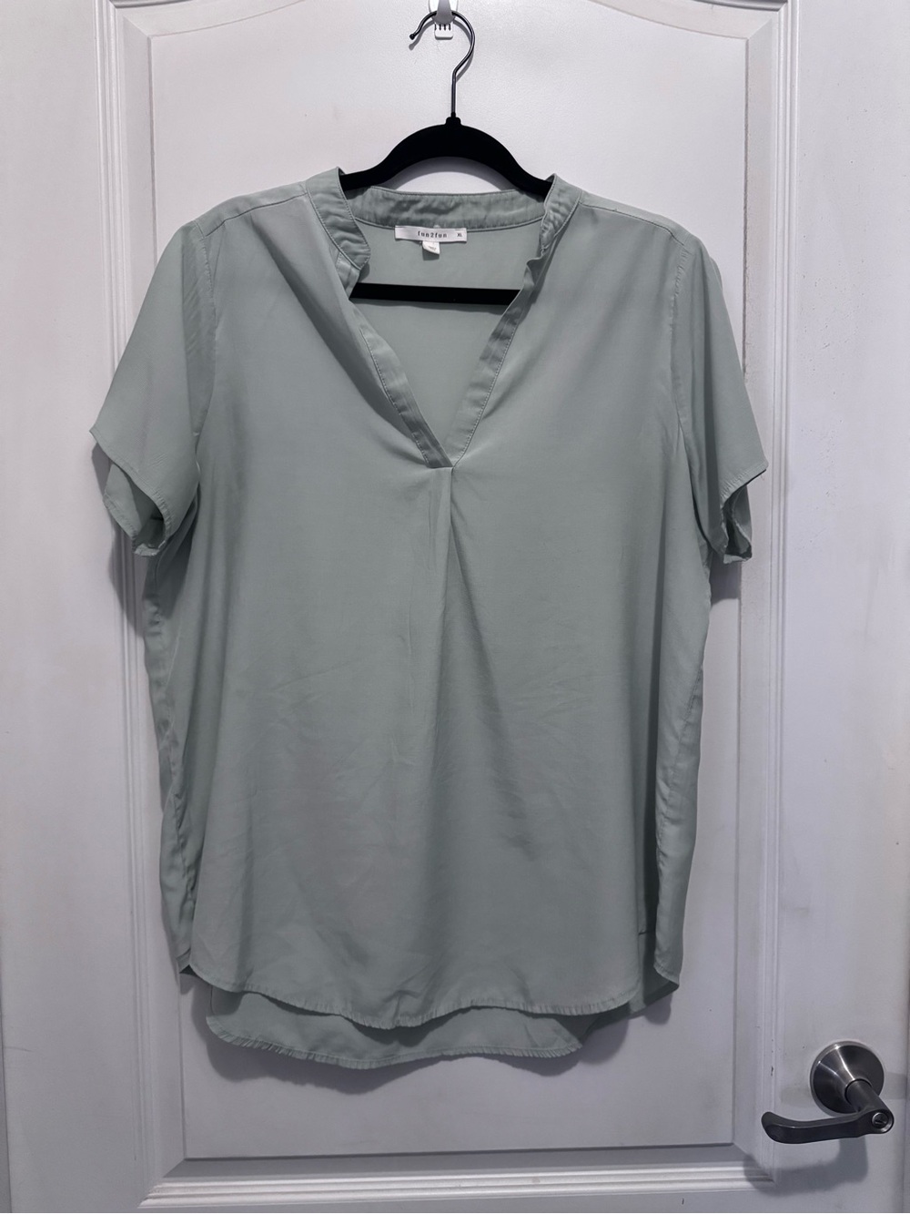 fun 2 fun Sage Green Split V-Neck Short Sleeve Blouse